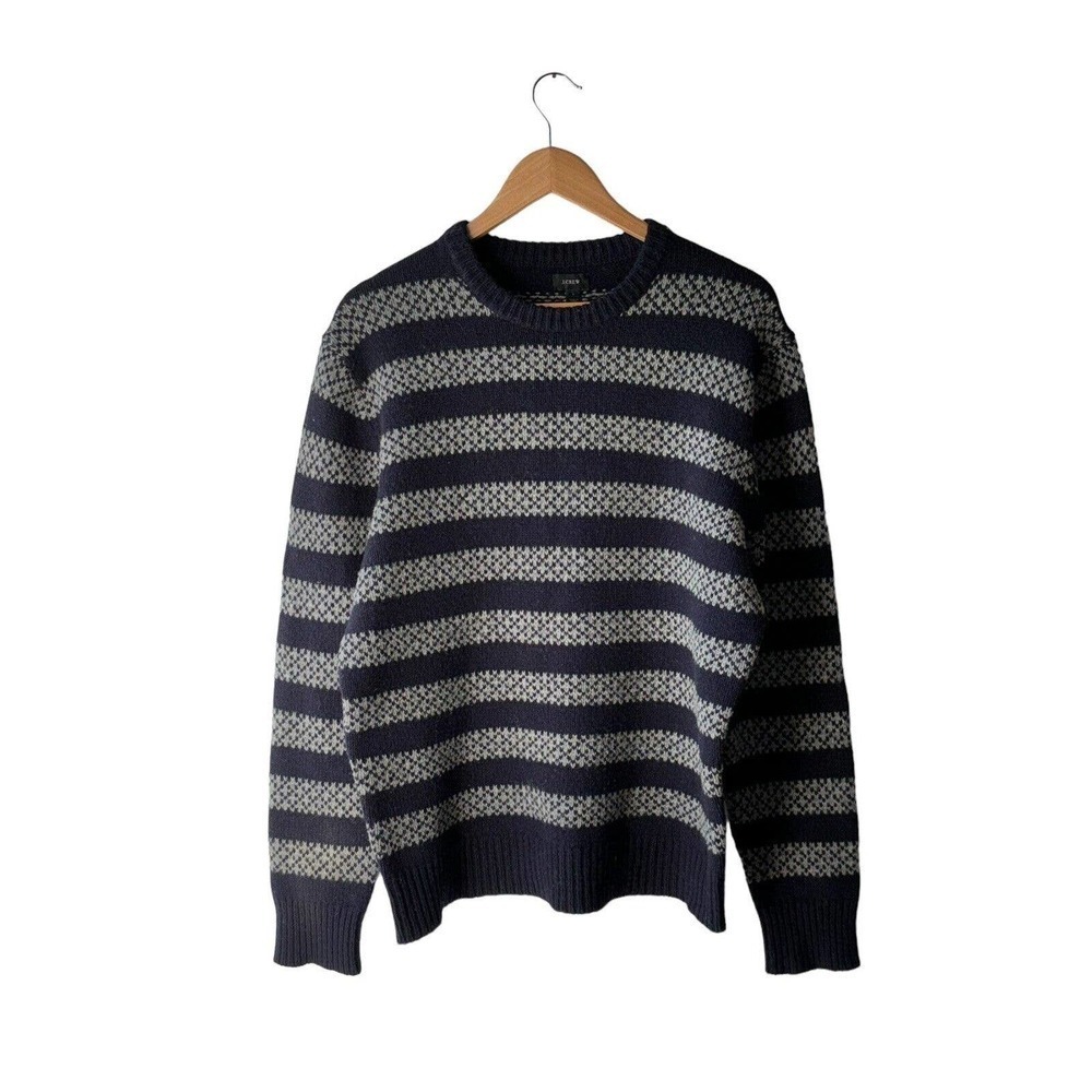 J. Crew Men's Size L Blue and Gray Striped 100% Lambswool Sweater